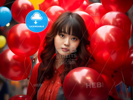 A Chinese Girl In A Red Dress, A Woman Standing In Front Of A Bunch Of Red Balloons