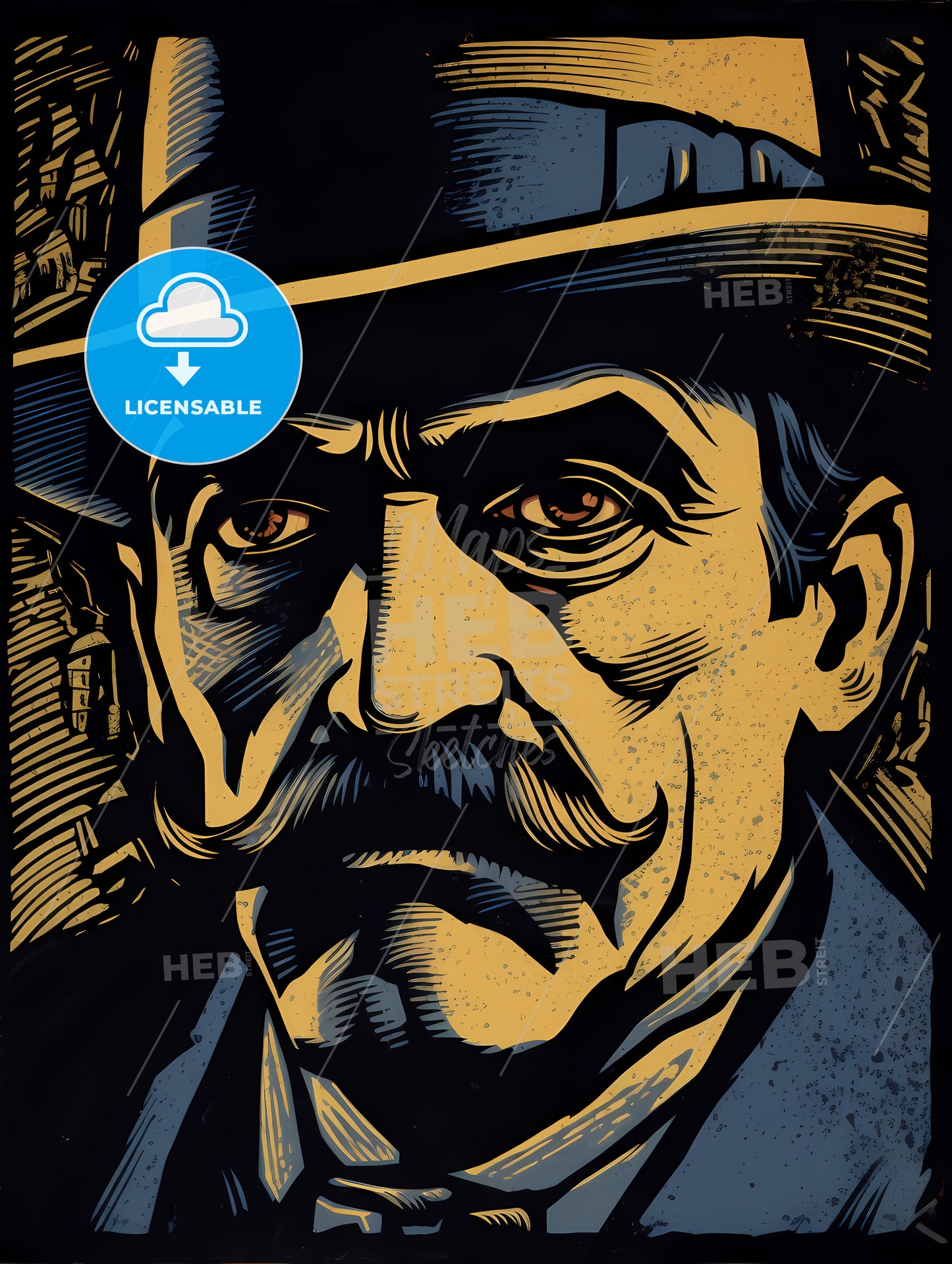 Early 20Th-Centry Poster-Style Linocut, A Man With A Mustache Wearing A Hat