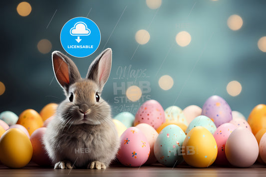 Funny Easter Rabbit With Copy Space, A Rabbit Next To A Pile Of Eggs