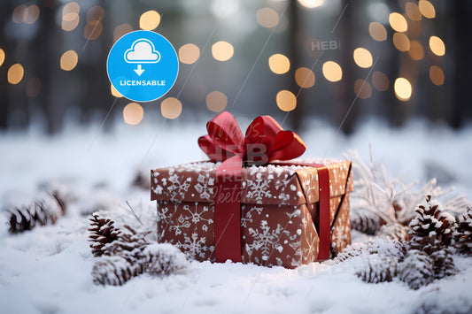 A Beautiful Red Christmas Present, A Gift Box With A Red Bow In The Snow
