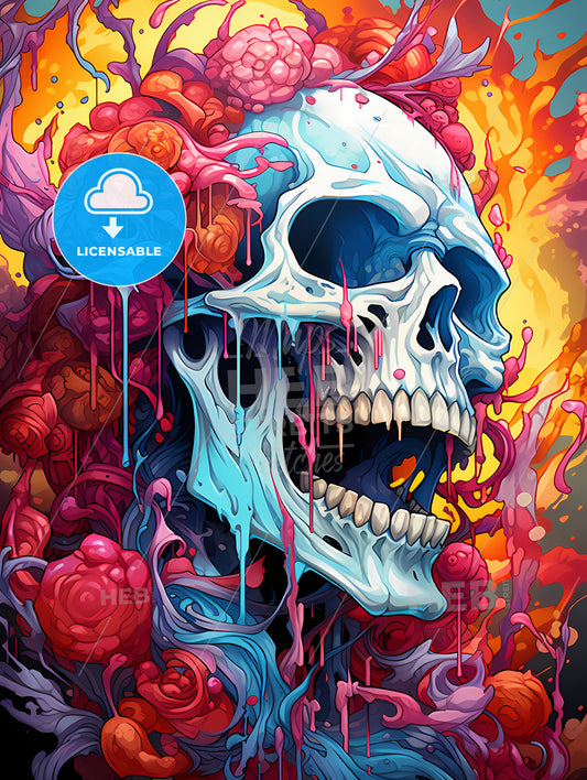 Low Dutch Angle Digital Acid Trip, A Skull With Colorful Paint Splashes