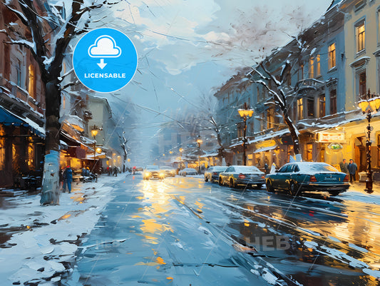 Happy New Year, A Snowy Street With Cars And Buildings