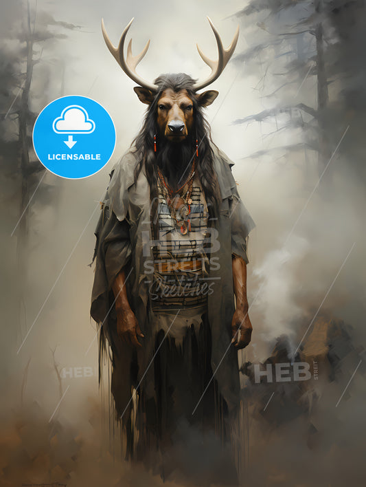 An Oil Painting Of A Black Elk In The Fog, A Man With Antlers And A Robe In A Forest