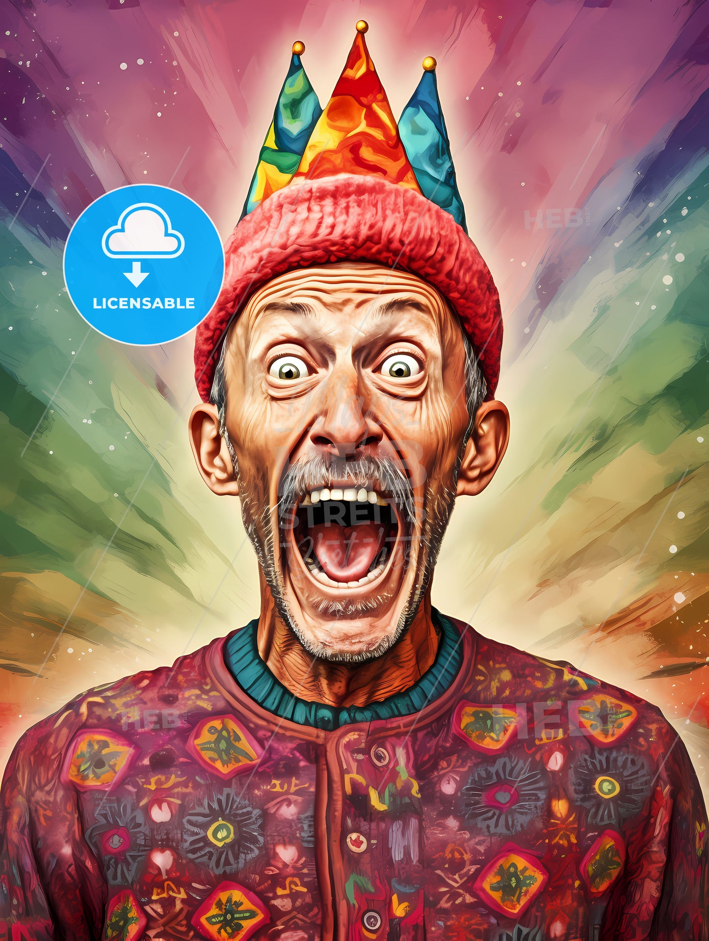 Happy Suprised Man Wearing Santa Hat, A Man Wearing A Party Hat And A Colorful Shirt