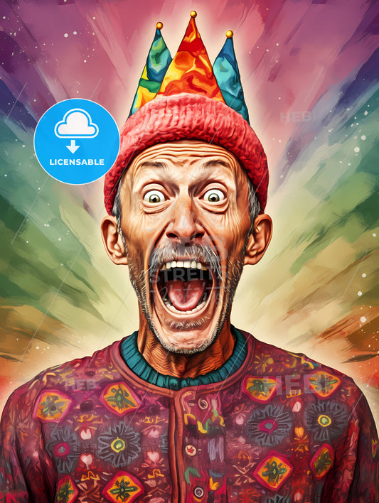 Happy Suprised Man Wearing Santa Hat, A Man Wearing A Party Hat And A Colorful Shirt