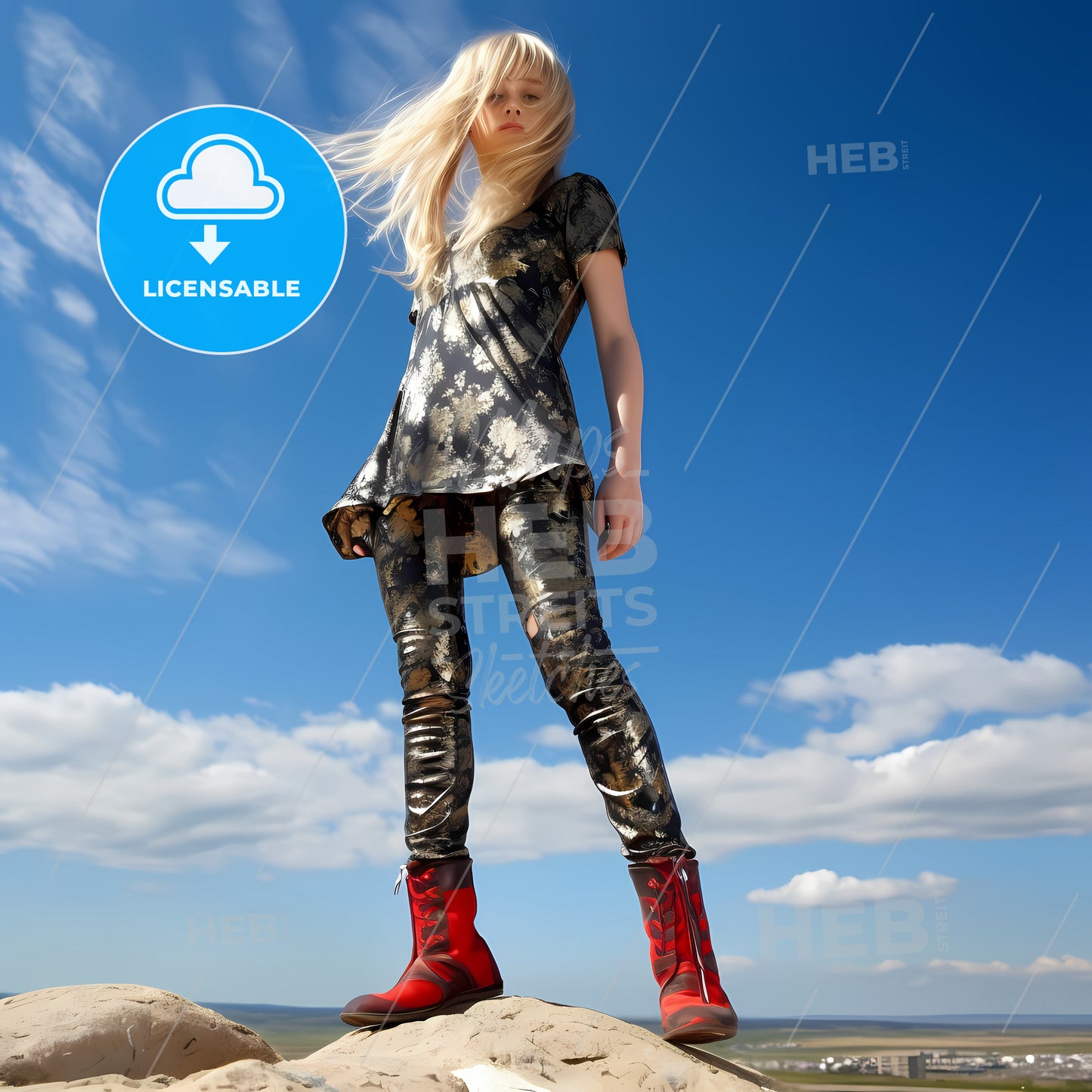 Young 15 Years Old Angry Blond Girl, A Girl Standing On A Rock