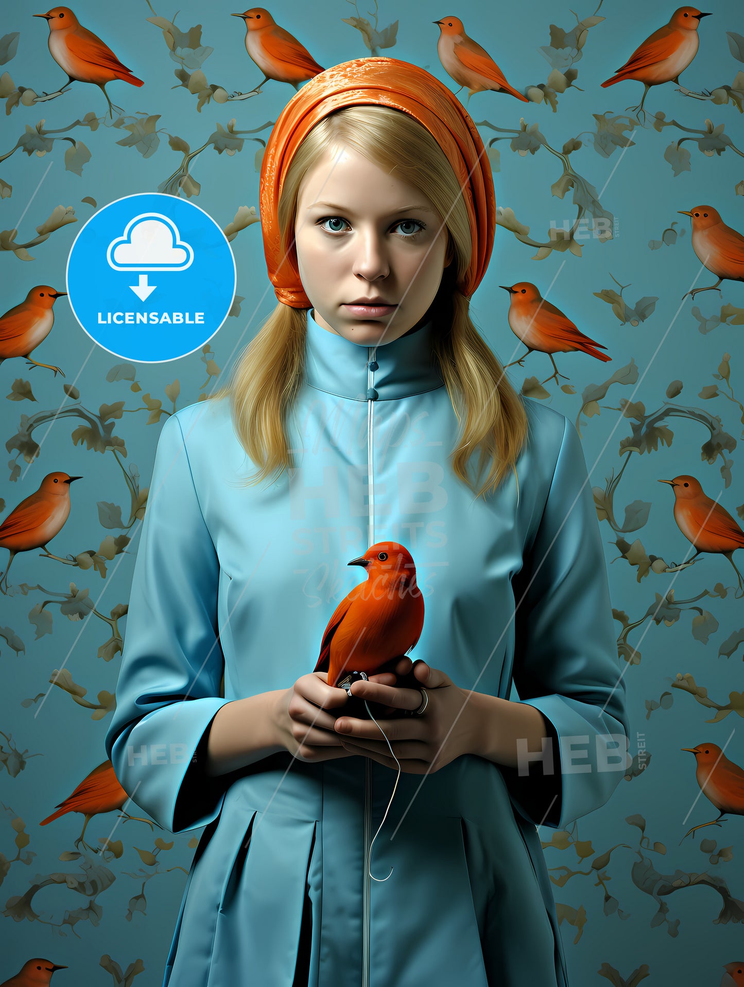 A Painting Of A Girl Holding A Blue Bird, A Woman Holding A Bird