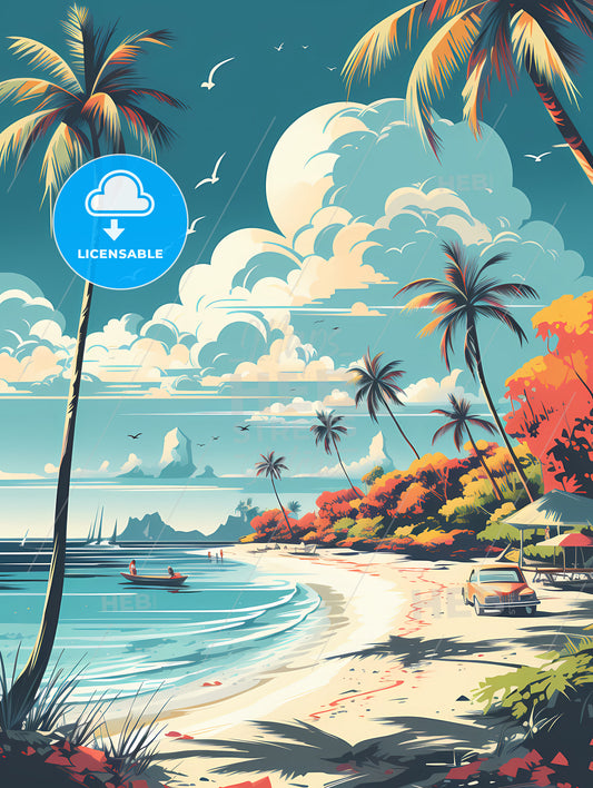 Maldives Travel Posters In Retro Style, A Beach With Palm Trees And A Boat