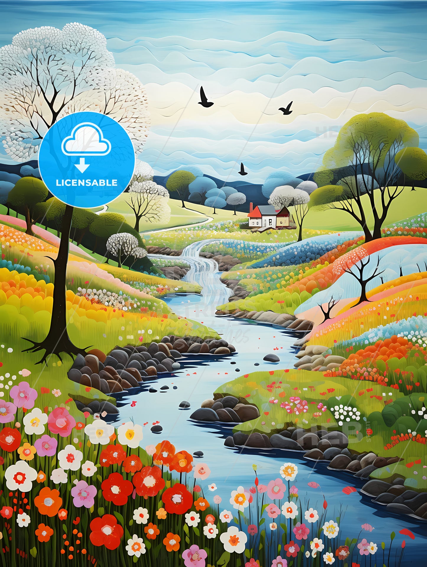 Spring Landscape, A Painting Of A River Running Through A Valley With Flowers And Trees