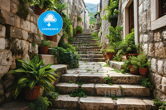 Pictorial Scene In Old Town Of Croatia, A Stone Stairs With Plants On Them