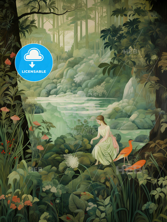 The Large Tapestry And Its Green Colors, A Painting Of A Woman In A Forest