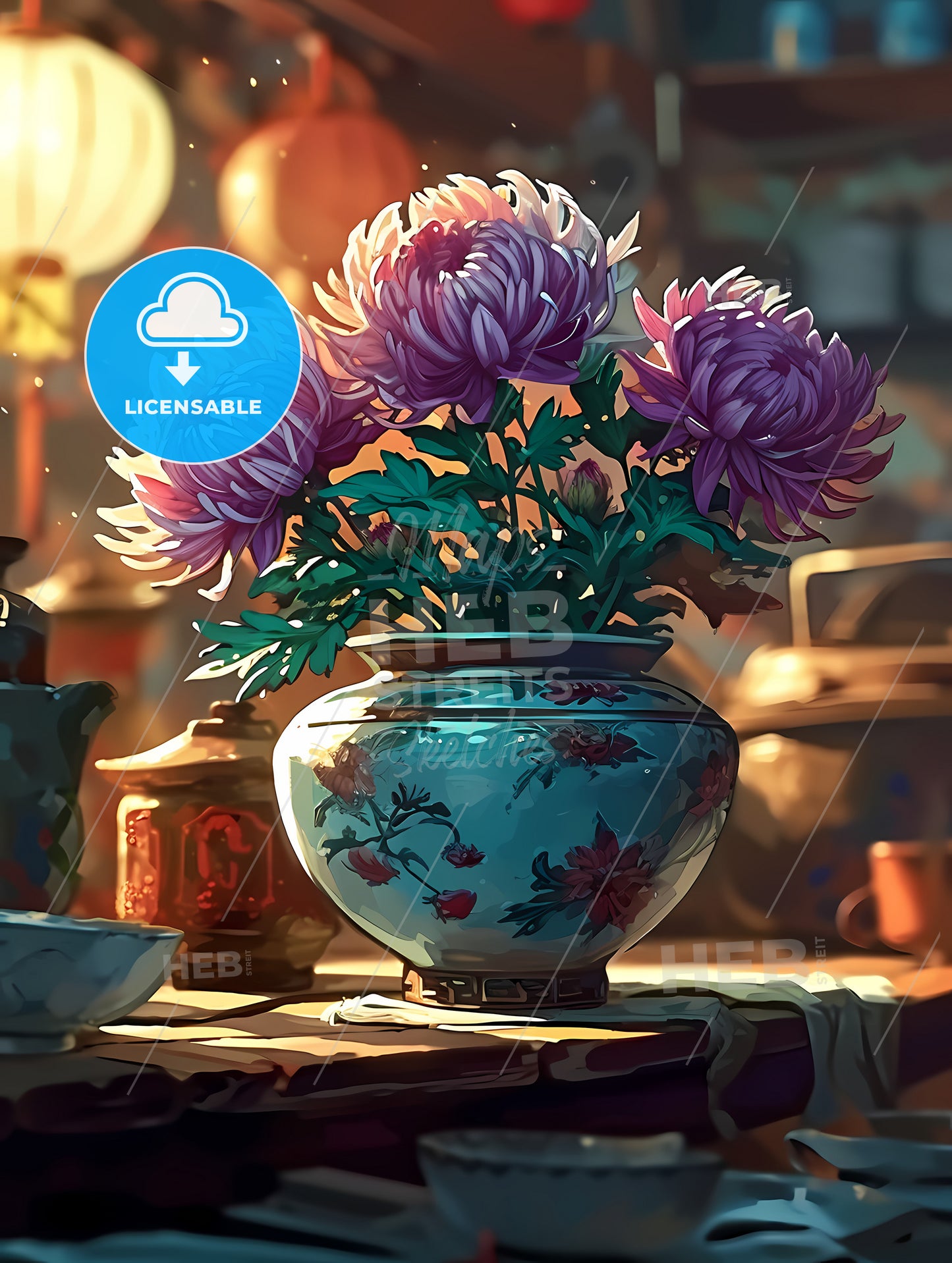 A Pot Of Purple Chrysanthemums By The Windowsill, A Vase With Flowers In It