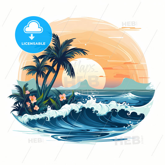 A Ocean View Illustration, A Palm Trees And Waves In The Ocean