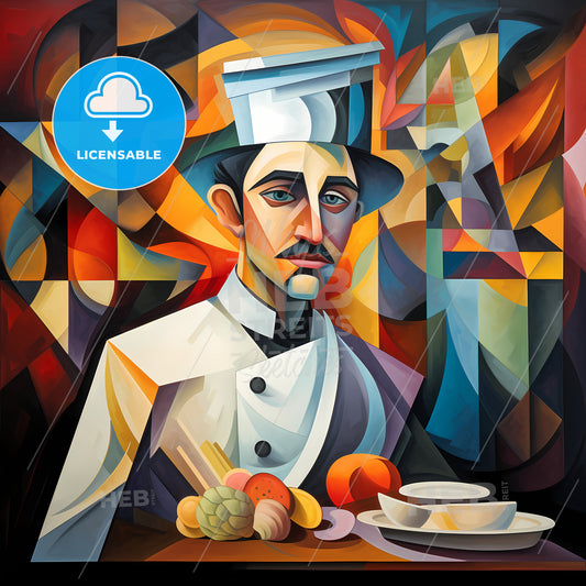 Analytical Cubism Portrait Of A Chef, A Painting Of A Chef