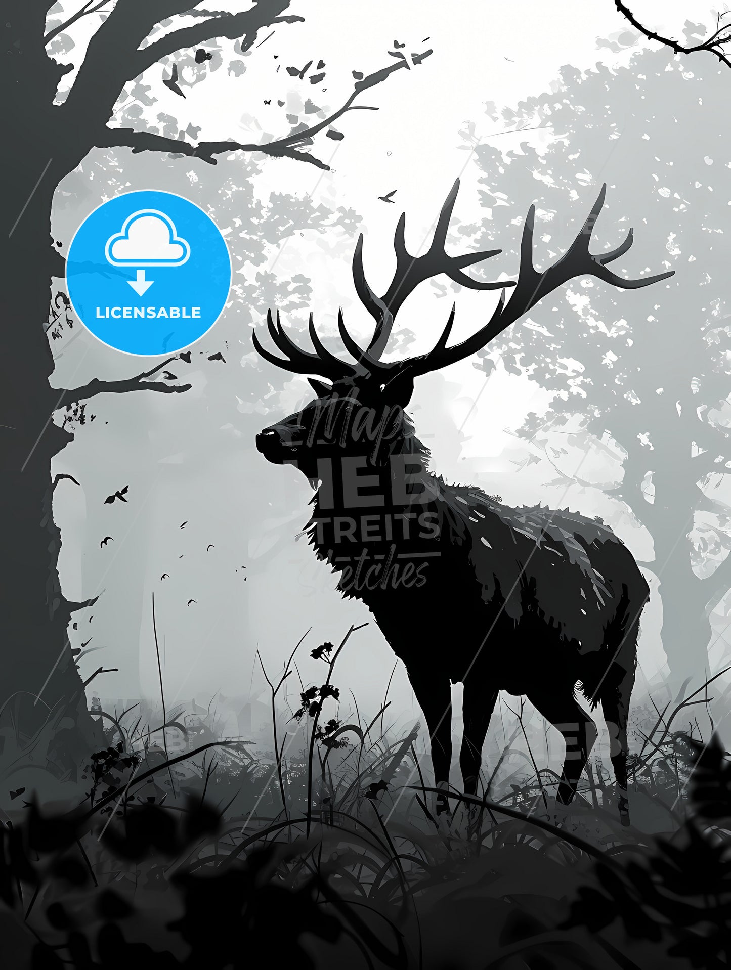 Deer In The Woods, A Black And White Image Of A Deer In The Woods