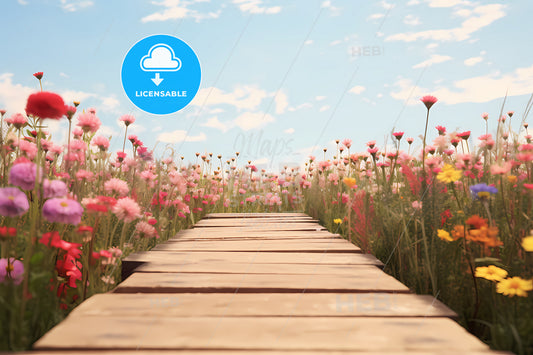 An Image Of An Empty Wooden Platform, A Wooden Walkway Leading To A Field Of Flowers