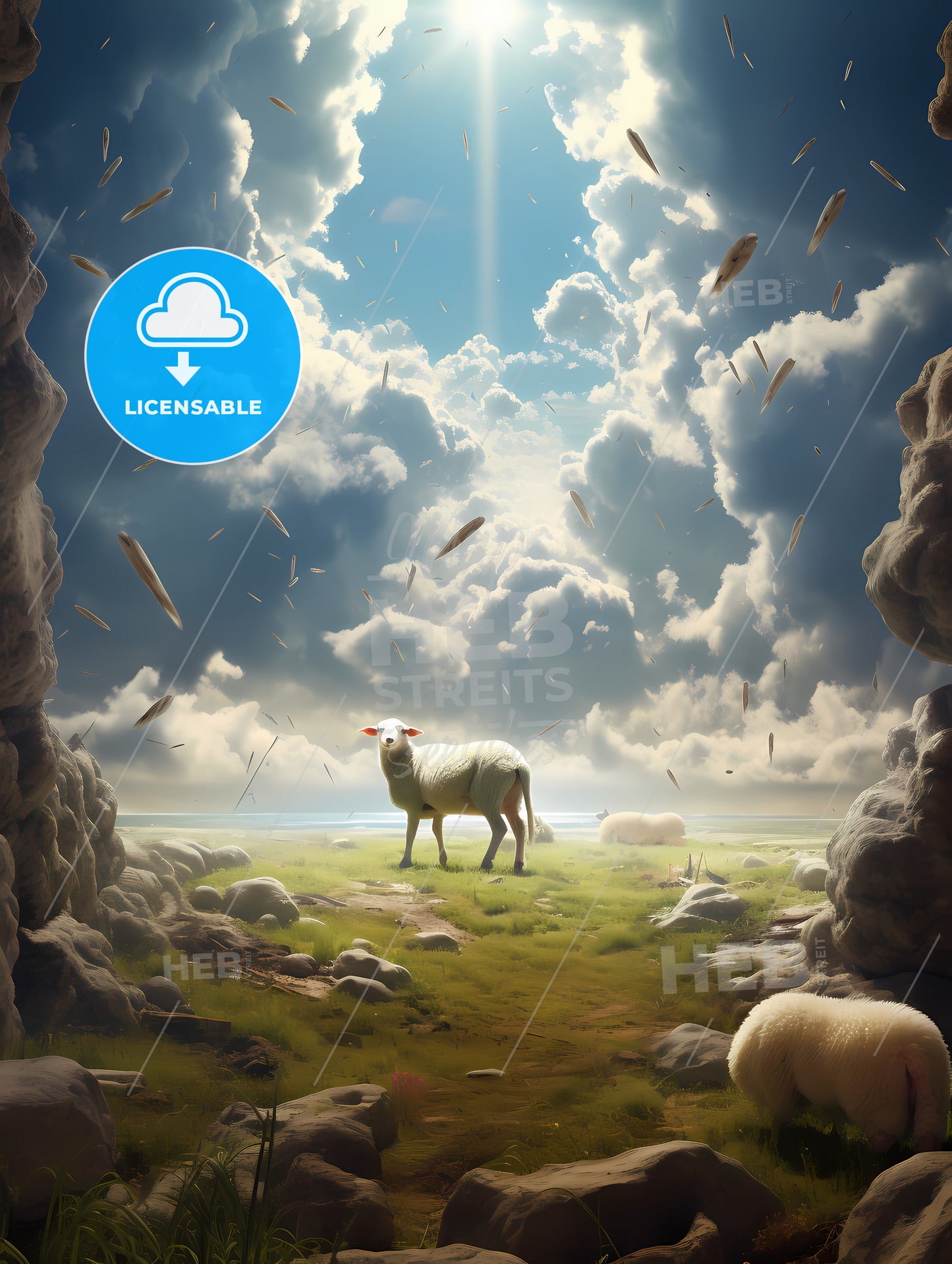 Un Ciel Avec Des Moutons Qui Tombent, A Sheep Standing In A Grassy Field