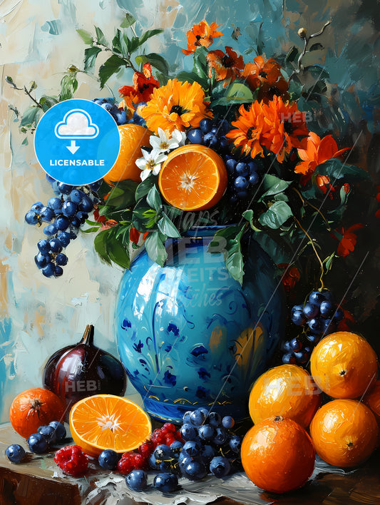Impressionistic Still Life, A Painting Of Flowers In A Blue Vase With Oranges And Grapes