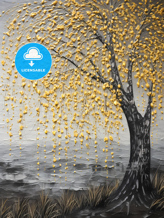 An Acrylic Painting Of A Yellow Willow Tree, A Tree With Yellow Leaves On It