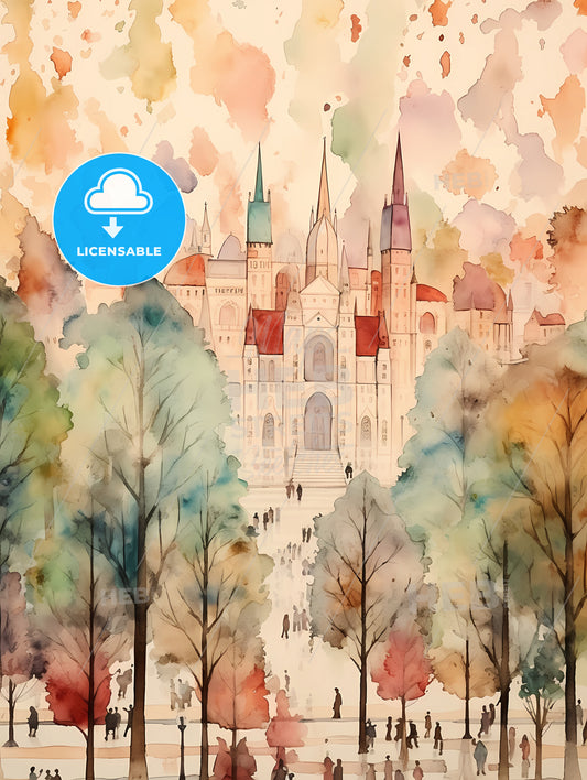 Christmas Pattern Background, A Watercolor Painting Of A Castle