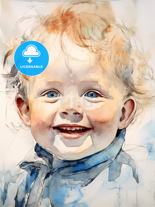 Beautiful Baby With Blue Eyes Smiling, A Watercolor Of A Baby Smiling