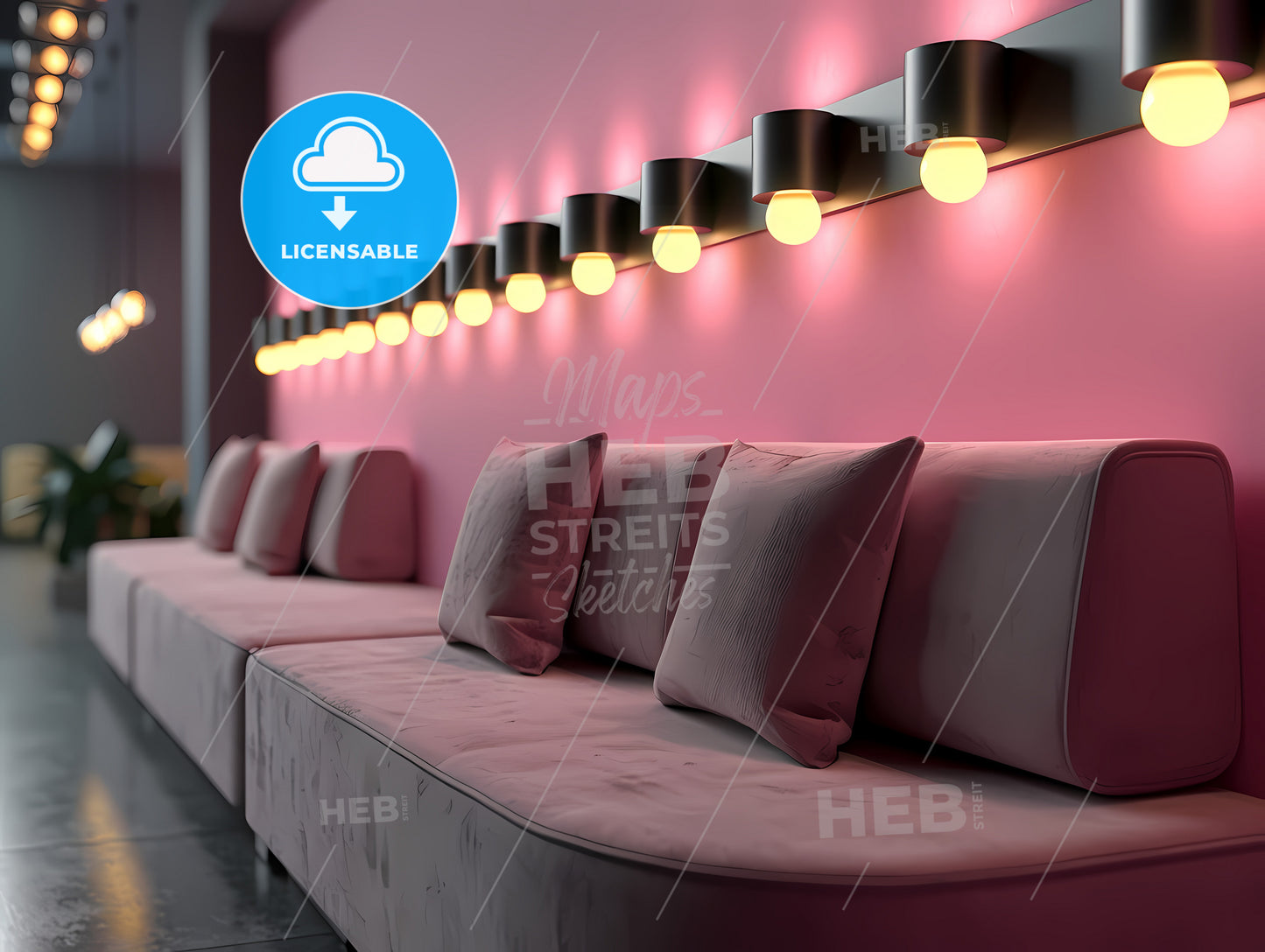 Empty Light Pink Wall, A Couch With Pillows And Lights On The Wall