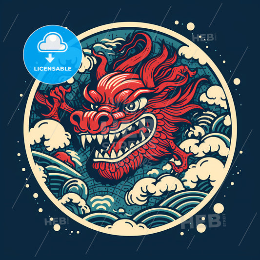 Dragon, A Red Dragon Head In A Circle With Clouds