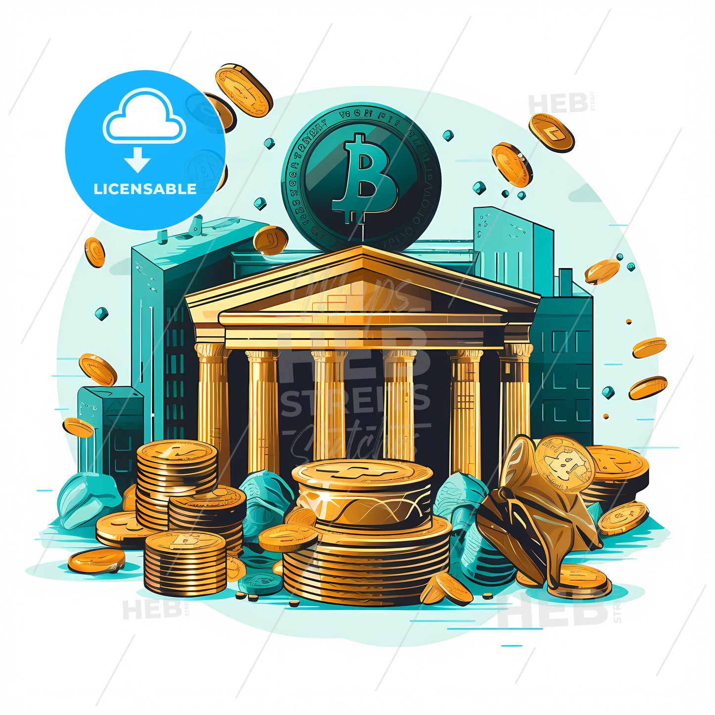 A Clipart Representing The Finance Industry, A Cartoon Of A Building With Columns And Coins
