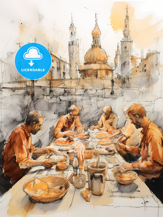 Tika Masala Food Drawing Sketchbook Art, A Group Of Men Sitting At A Table Eating Food