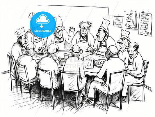 Several Chefs In A Meeting, A Group Of Men In Chef Hats Around A Table