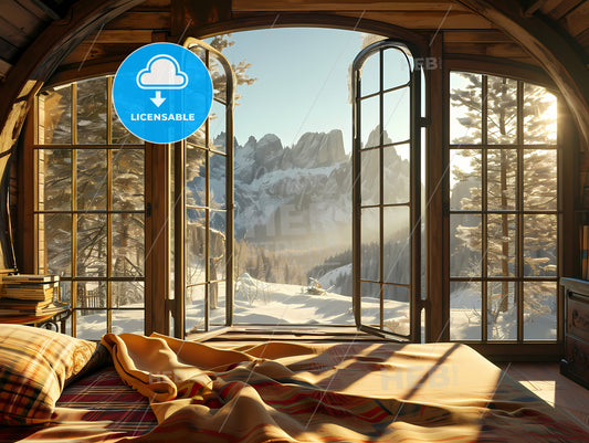 Create A Very Real Illustration For Christmas, A Room With A Bed And A View Of The Mountains