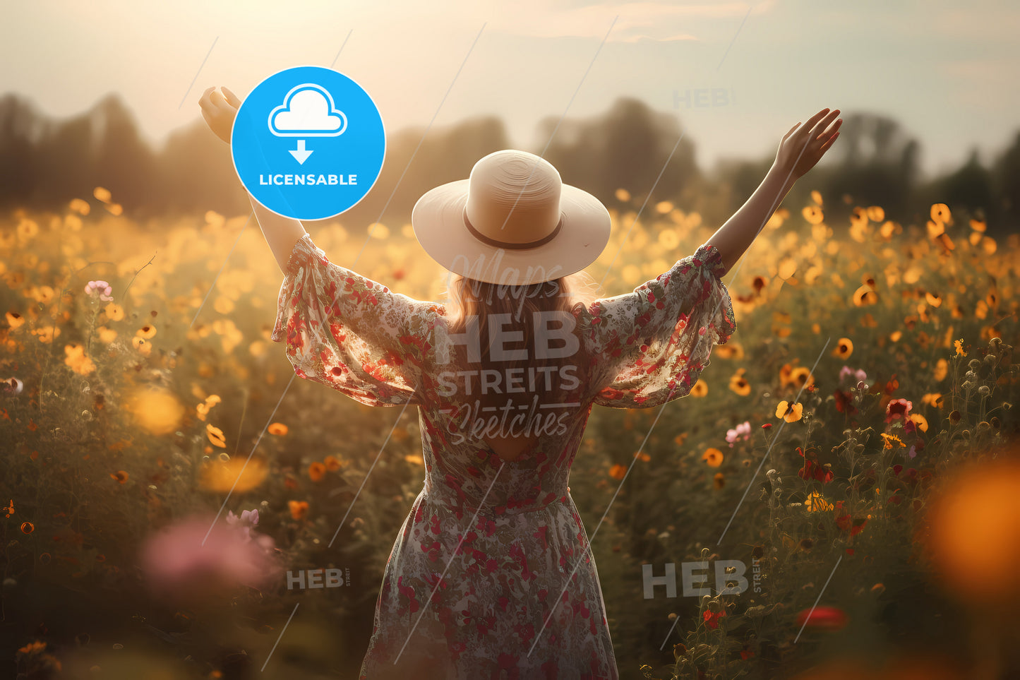 Rear View Of Woman With A Summer Dress, A Woman In A Field Of Flowers
