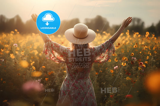 Rear View Of Woman With A Summer Dress, A Woman In A Field Of Flowers