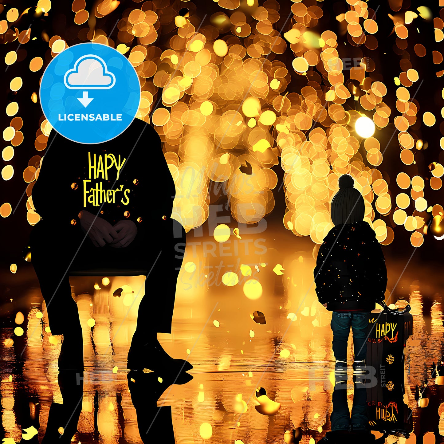 Fathers Day Photo Card, A Man And Child Sitting In A Puddle With Lights