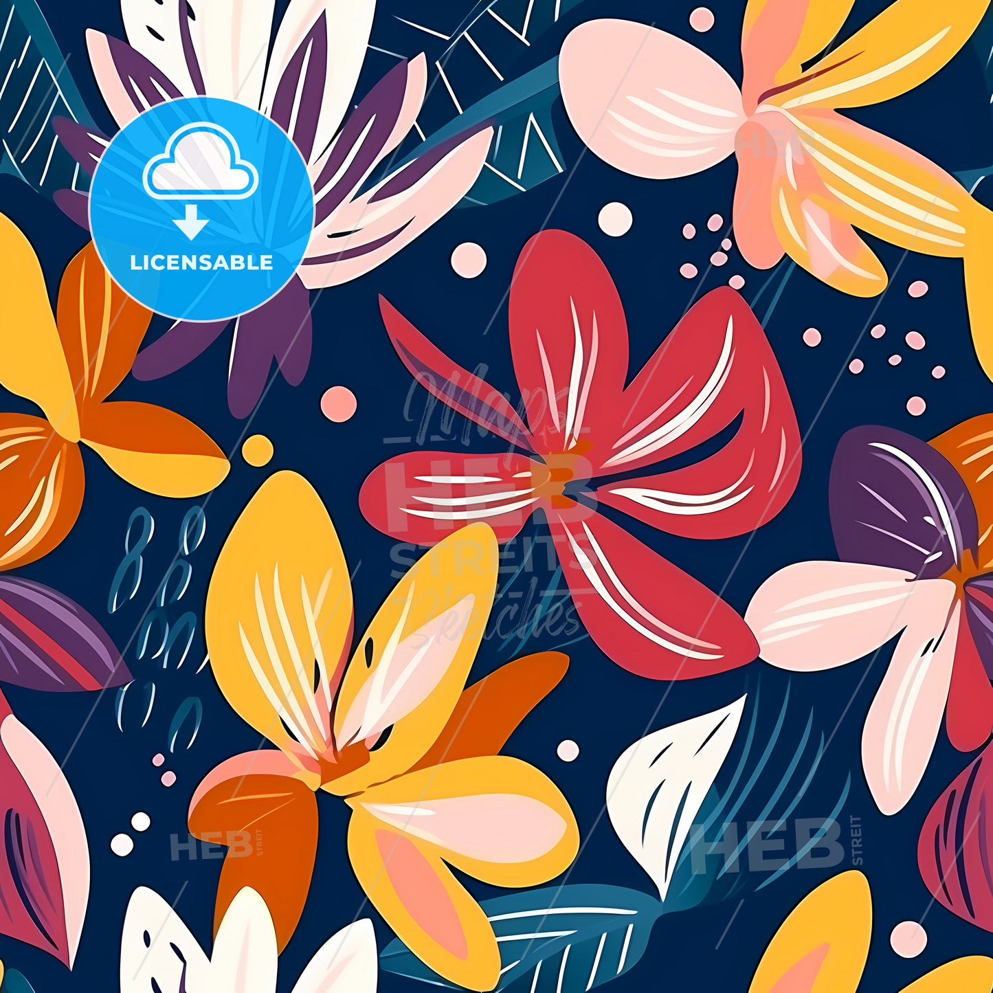 Abstract Flower Art Seamless Pattern, A Colorful Flowers On A Blue Background