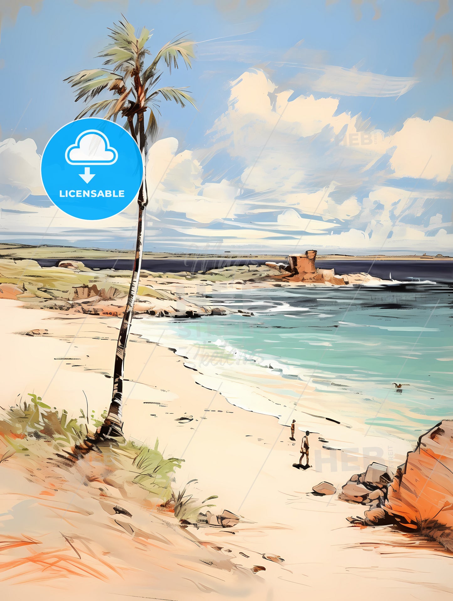 Desert Tropical Beach With Palm Tree, A Beach With Palm Trees And A Body Of Water