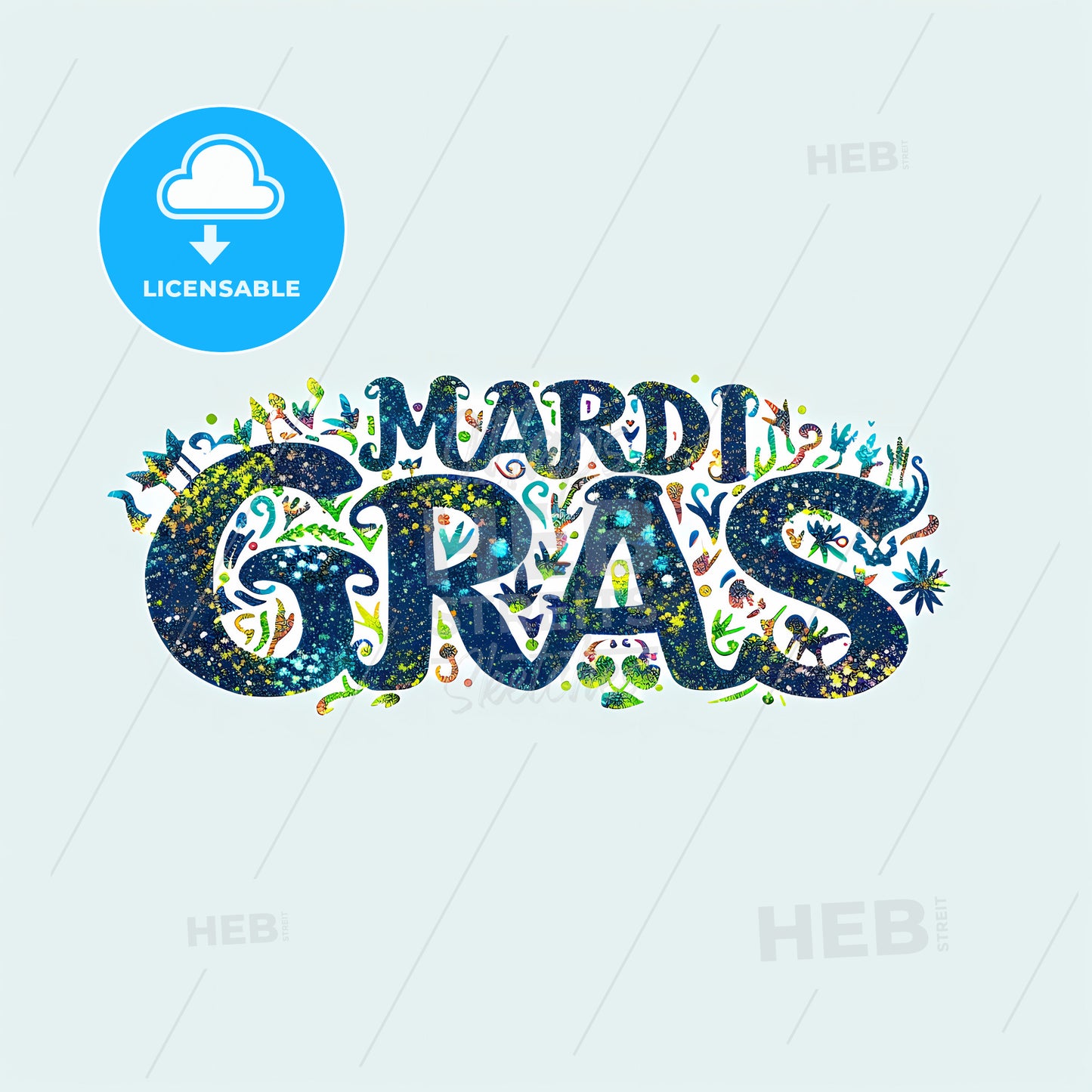 Mardi Gras, A Blue And Yellow Text With Flowers And Leaves