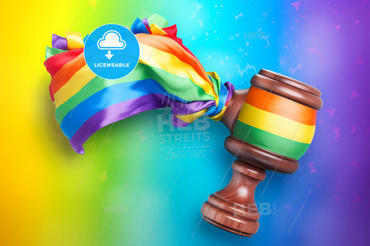 A Gavel With A Rainbow Ribbon On The Side, A Rainbow Colored Flag On A Wooden Mallet