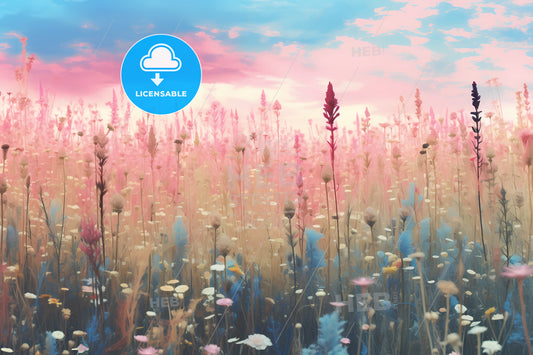 A Light Yellow Pink And Blue Background, A Field Of Flowers And Plants