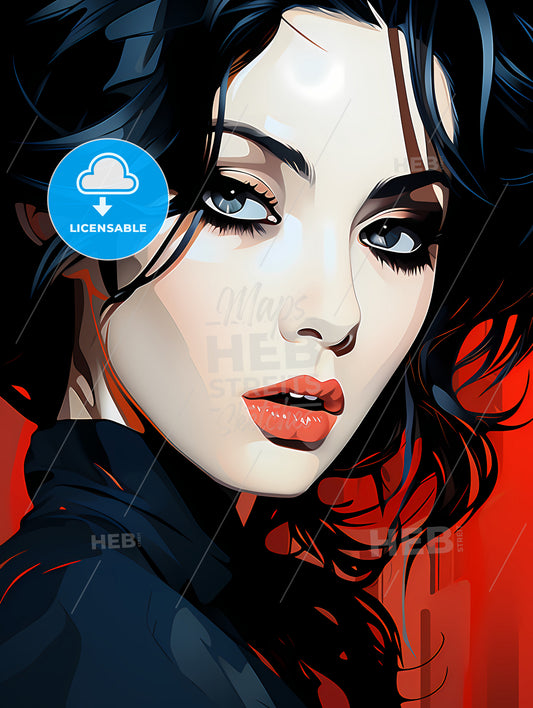 Illustration, A Woman With Black Hair And Red Lips