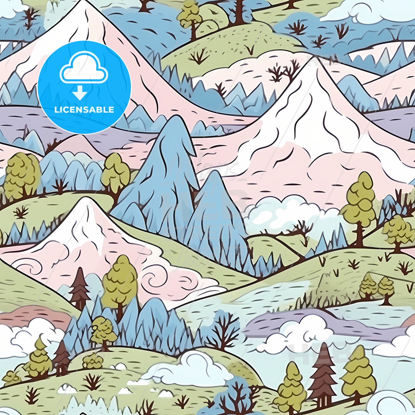 Hand Drawn Landscape Pattern, A Colorful Landscape With Mountains And Trees