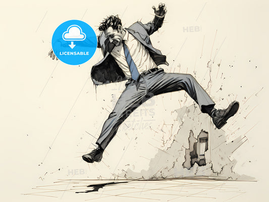 A Waiter Tripping And Falling, A Man In A Suit Jumping In The Air