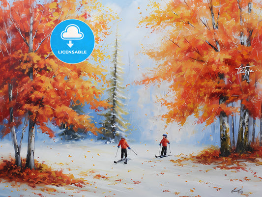 Boy And Girl Skiing, A Painting Of Two People Skiing In The Snow