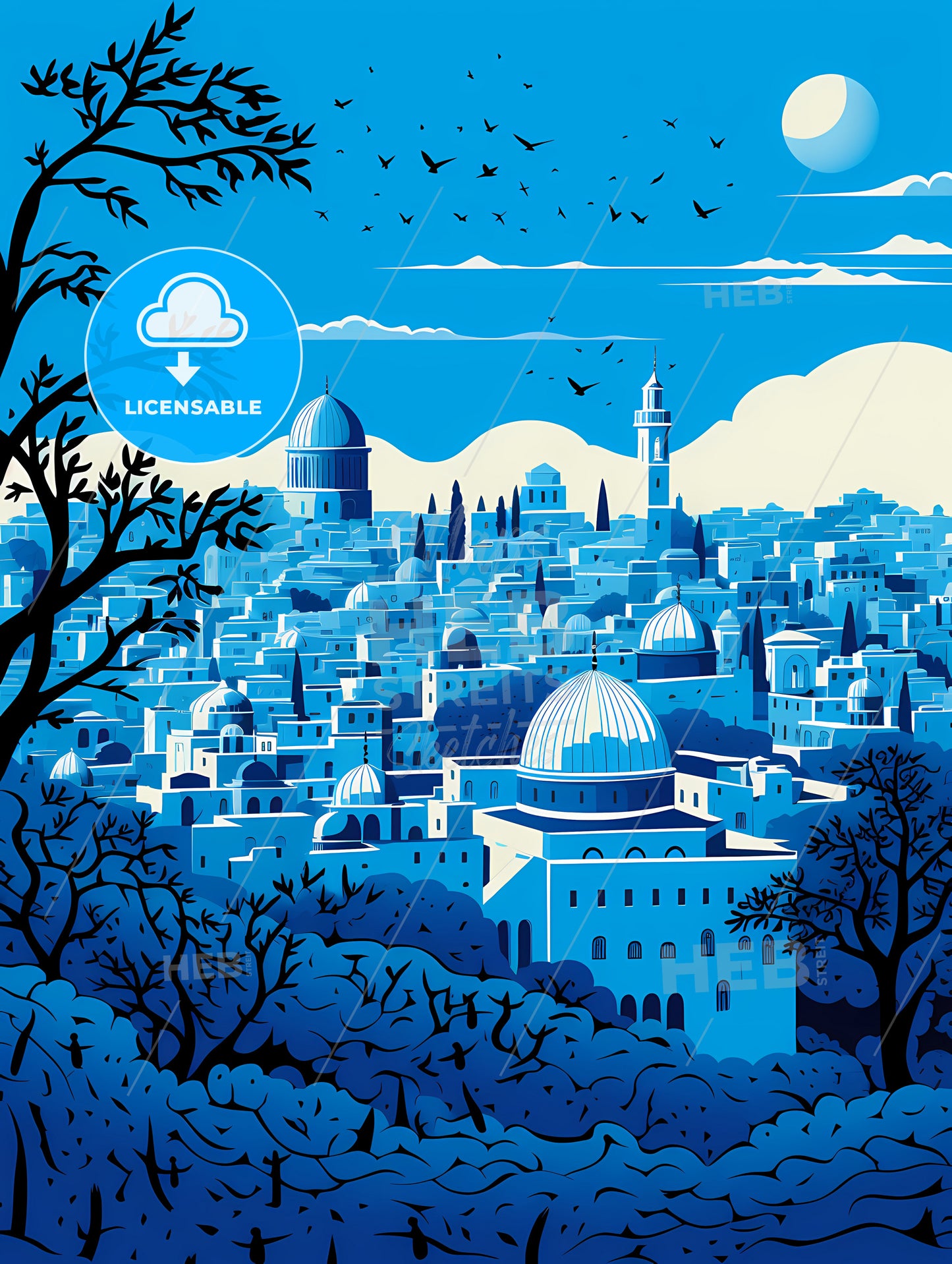 Outline The City Of Jerusalem, A City With Domes And Trees