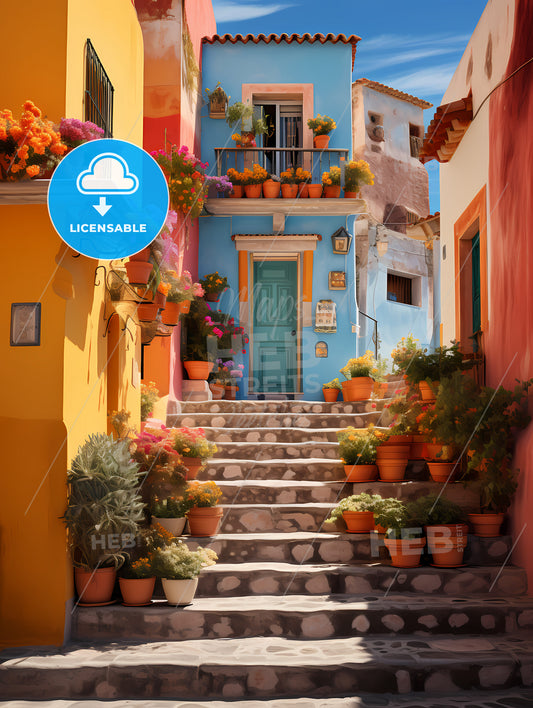 San Miguel Vibrant Color Combinations, A Stairs Leading To A Building With Pots Of Flowers