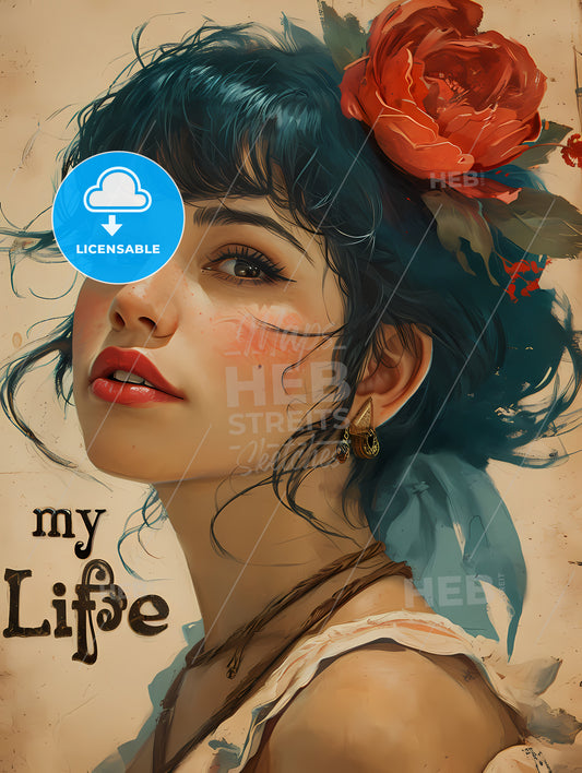 The Text Mylife , A Woman With Blue Hair And A Flower In Her Hair