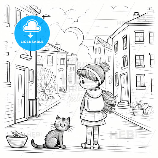 Coloring Book For Kids, A Girl And Cat On A Street