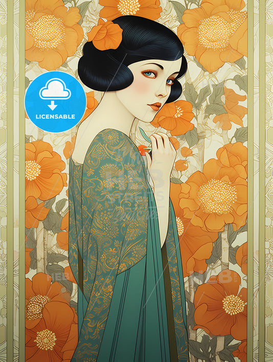 Portrait Of An Extremely Beautiful Young Snow White, A Woman With Blue Hair And A Green Dress With Orange Flowers