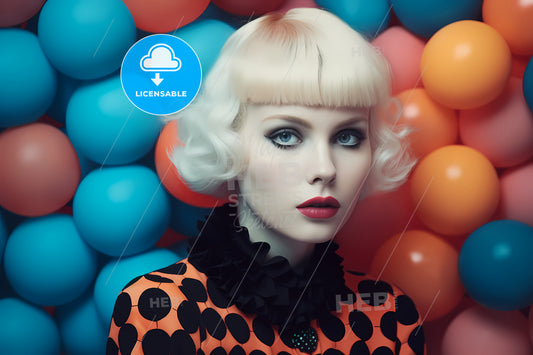 Strong Color Contrast, A Woman Posing In Front Of Balloons