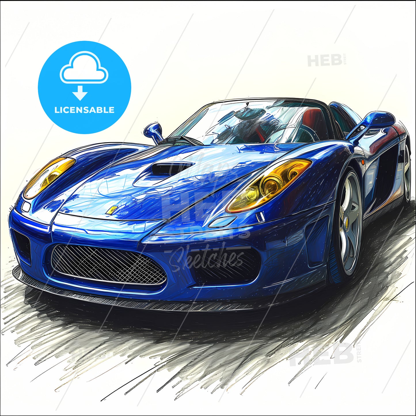 Automotive Design Sketch, A Blue Sports Car With Yellow Lights